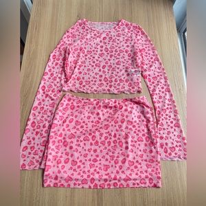 SHEIN ICON Heart Print Flounce Sleeve Mesh Top
& Bodycon Skirt